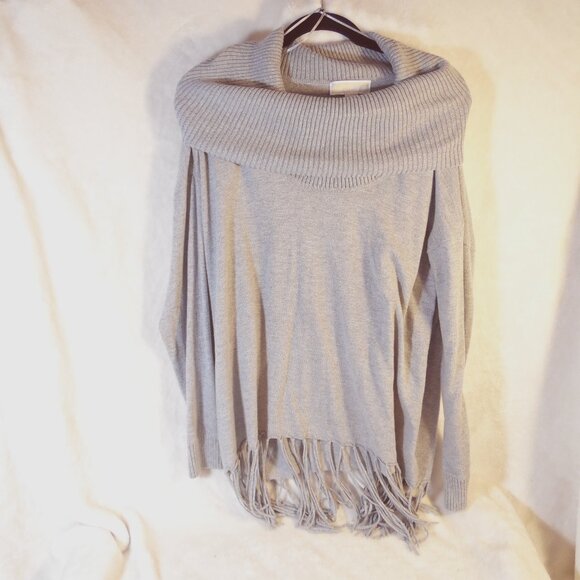 Michael Kors Sweater Womans XL Gray Long‎ Sleeve Cowl Neck Fringe Hem Boho Tunic - Picture 3 of 8